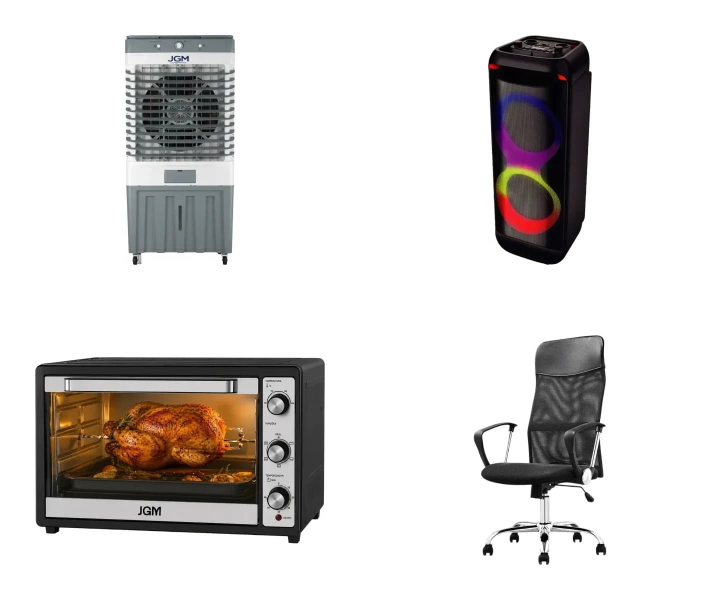 Produtos JGM das linhas de climatização, áudio, cozinha e conforto